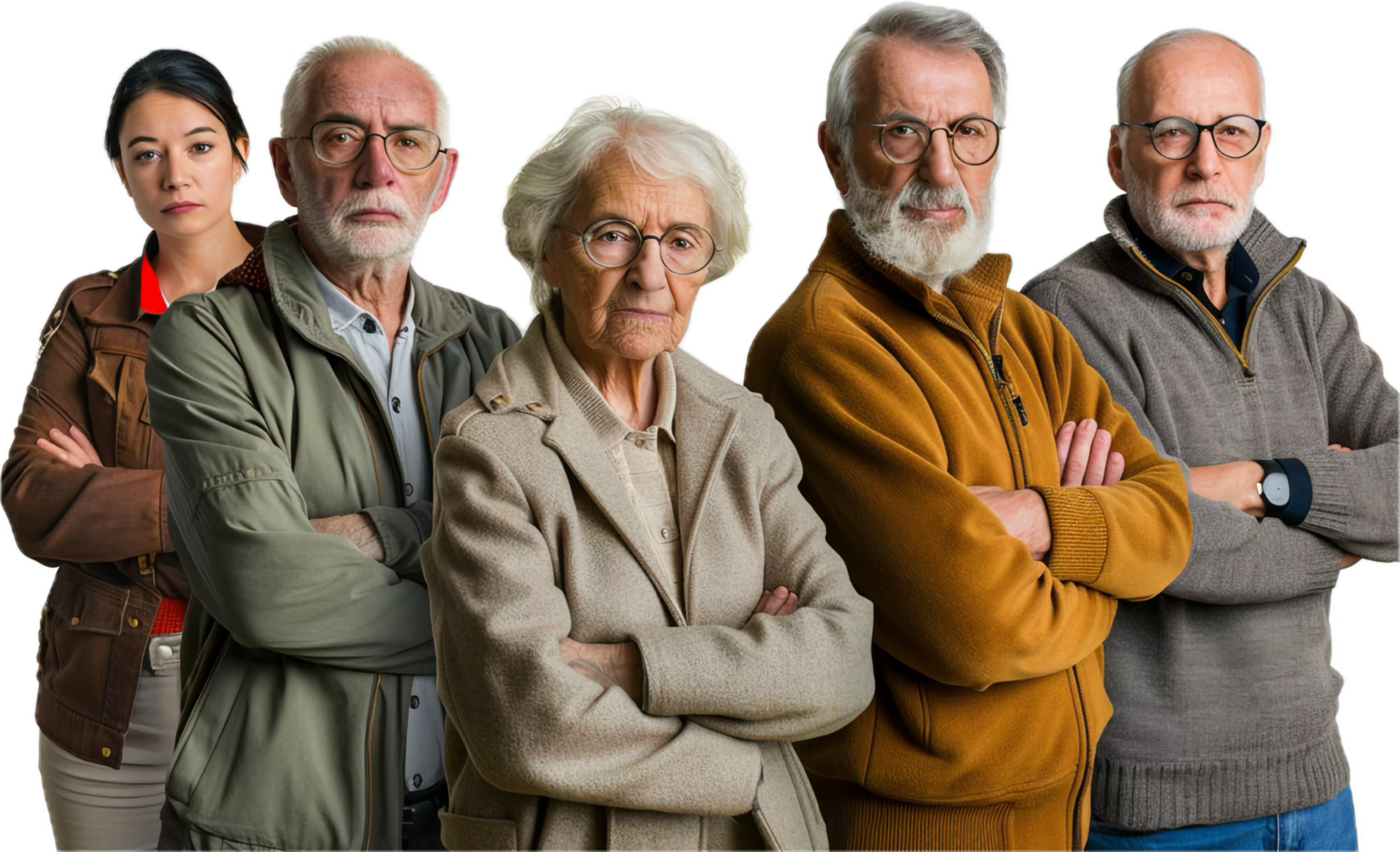 Group of Serious Senior Citizens with Folded Arms. png