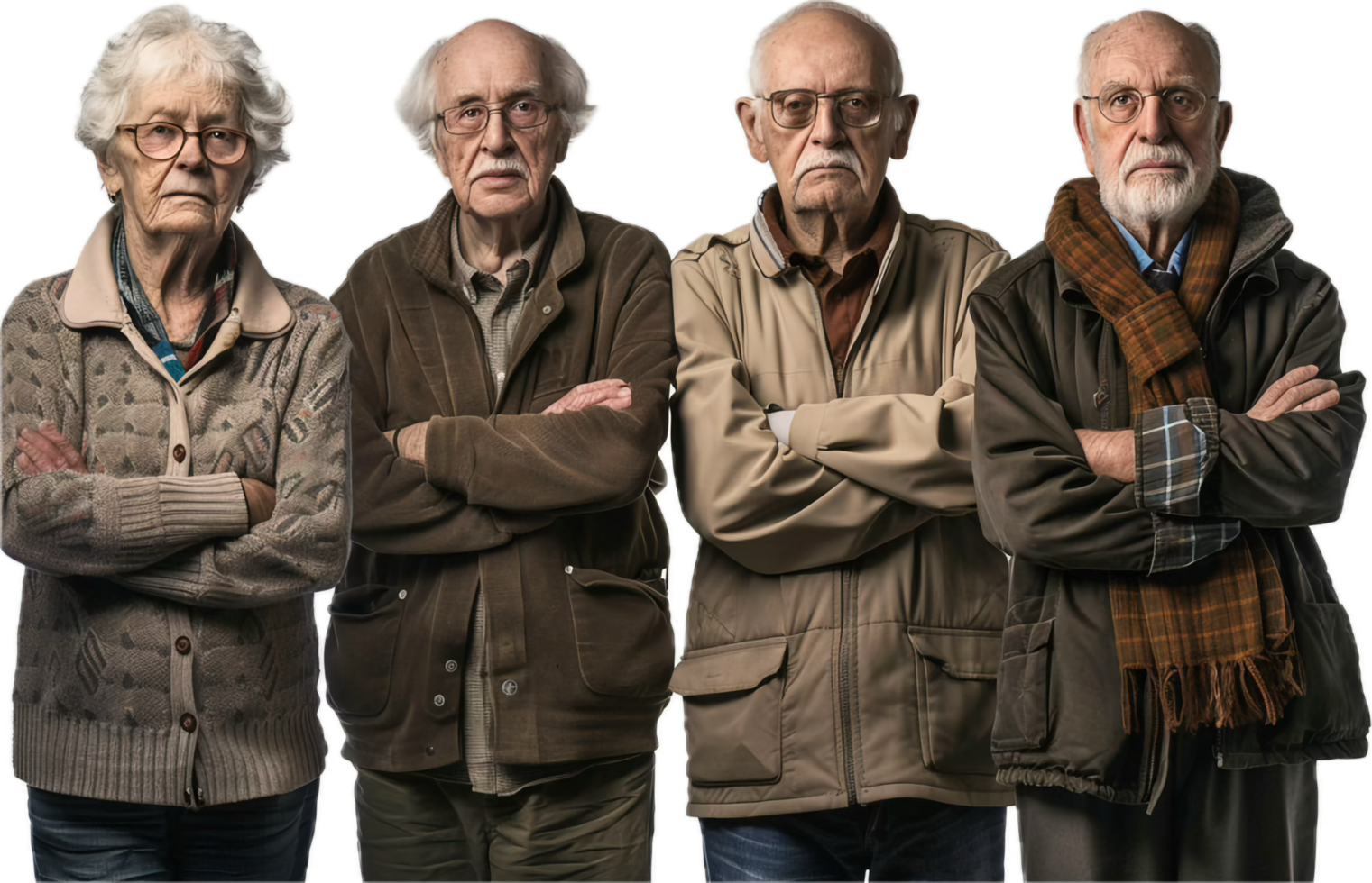 Group of Serious Senior Citizens with Folded Arms. png
