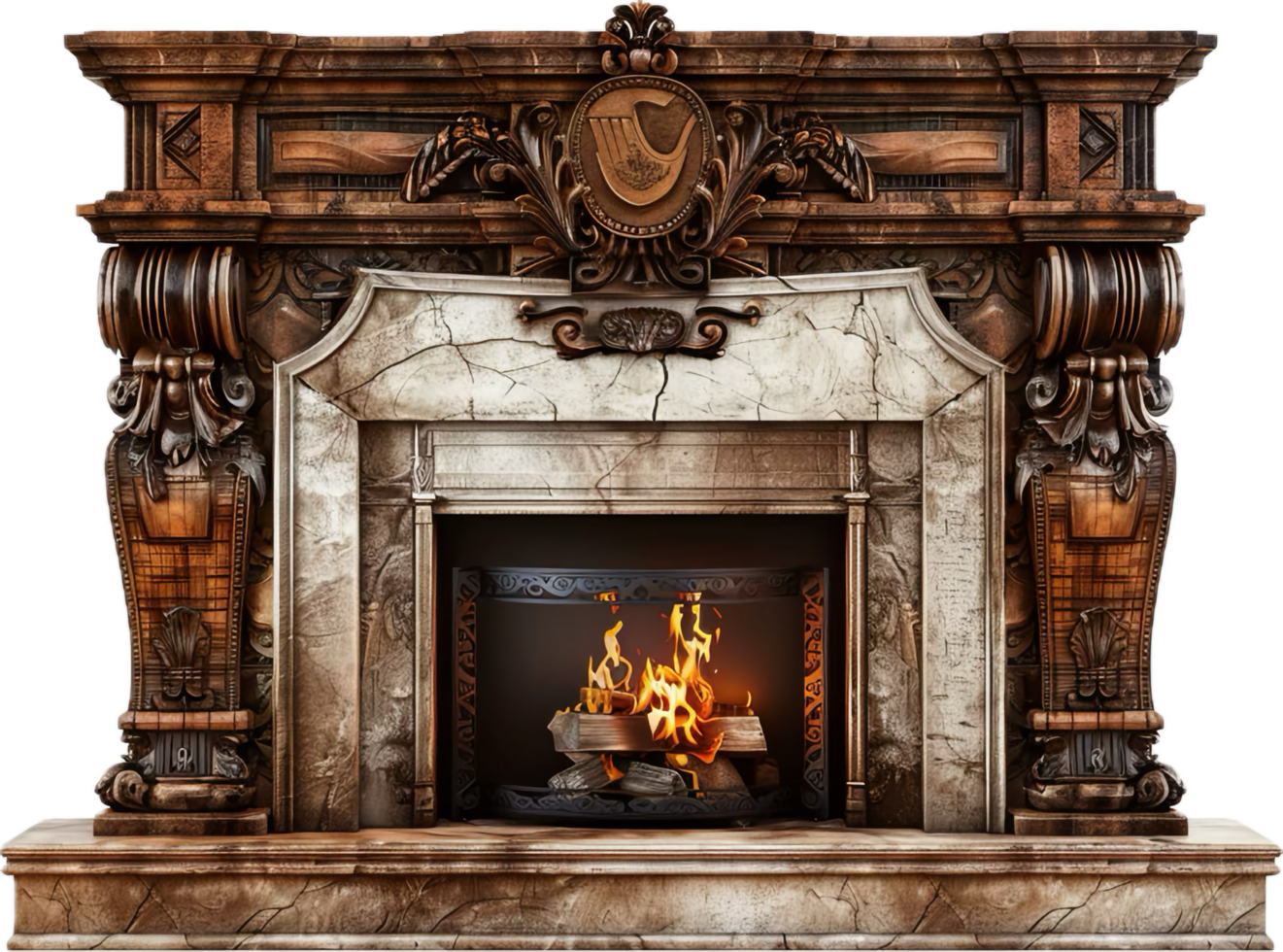 Stone Fireplace with Burning Firewood. png