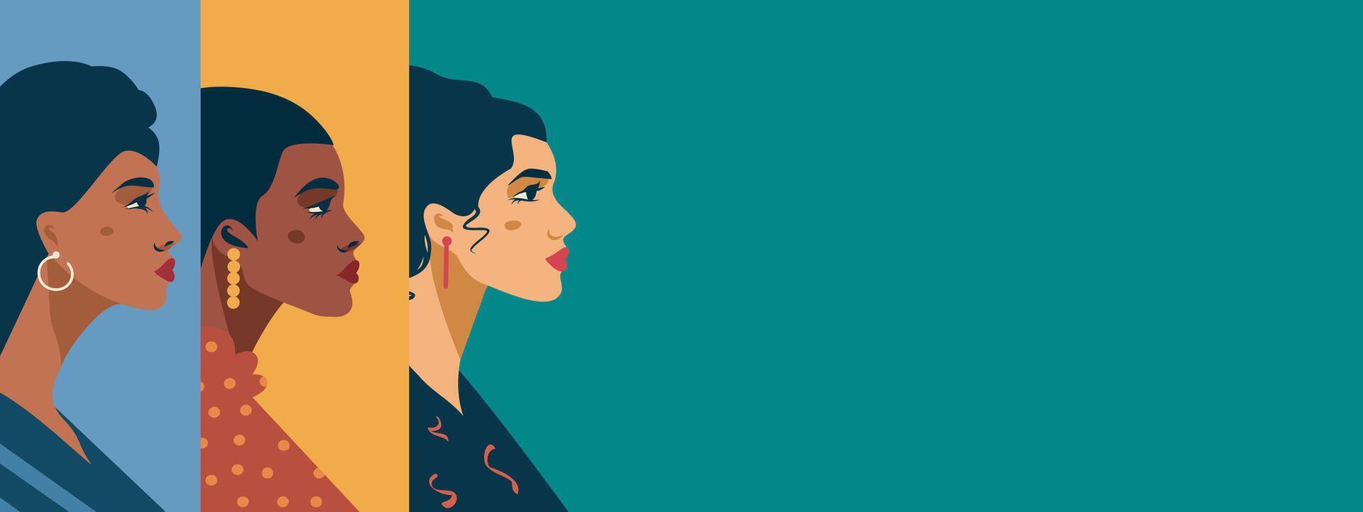 flat banner, women of different nationalities and cultures. Feminism. concept of movement for gender equality and women's empowerment vector