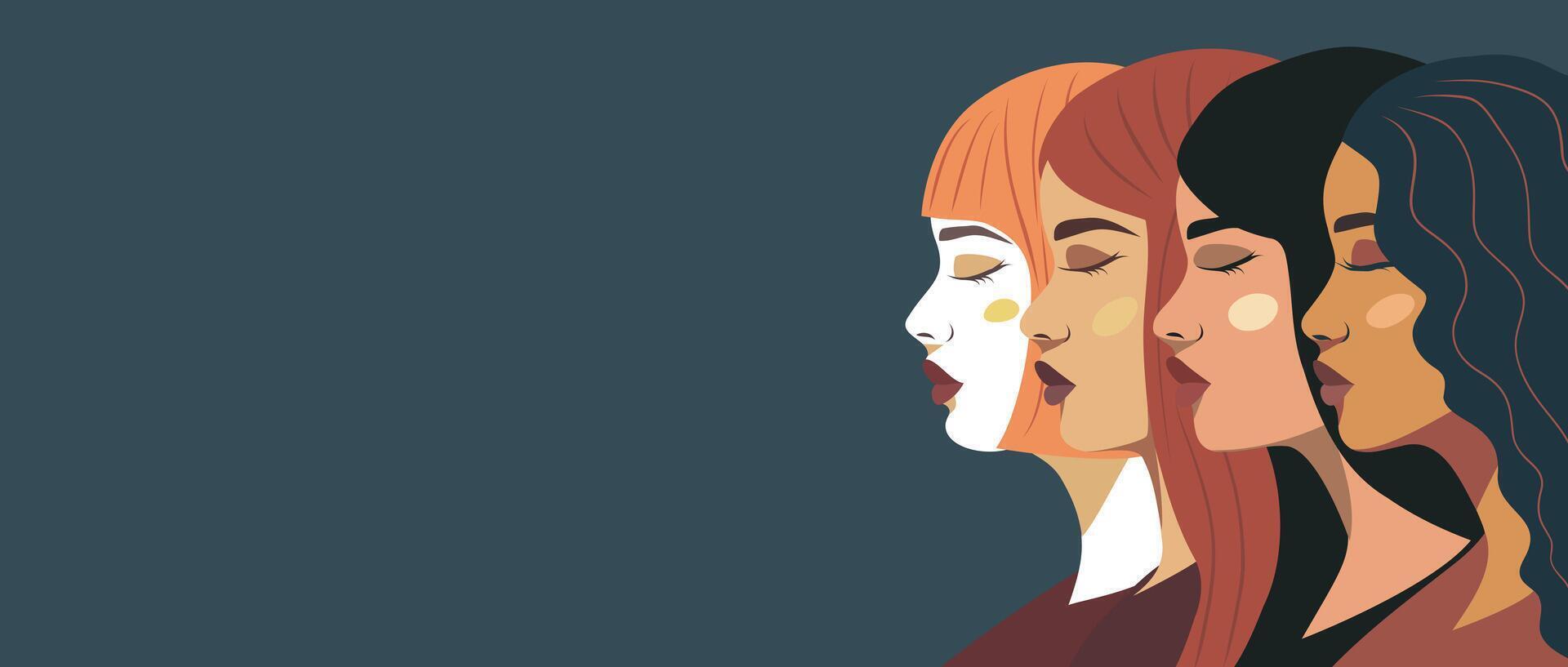 banner place for text. Portraits of strong diverse women of ethnically different cultures and skin color. Feminism concept, gender equality, protection of women's rights and freedoms vector