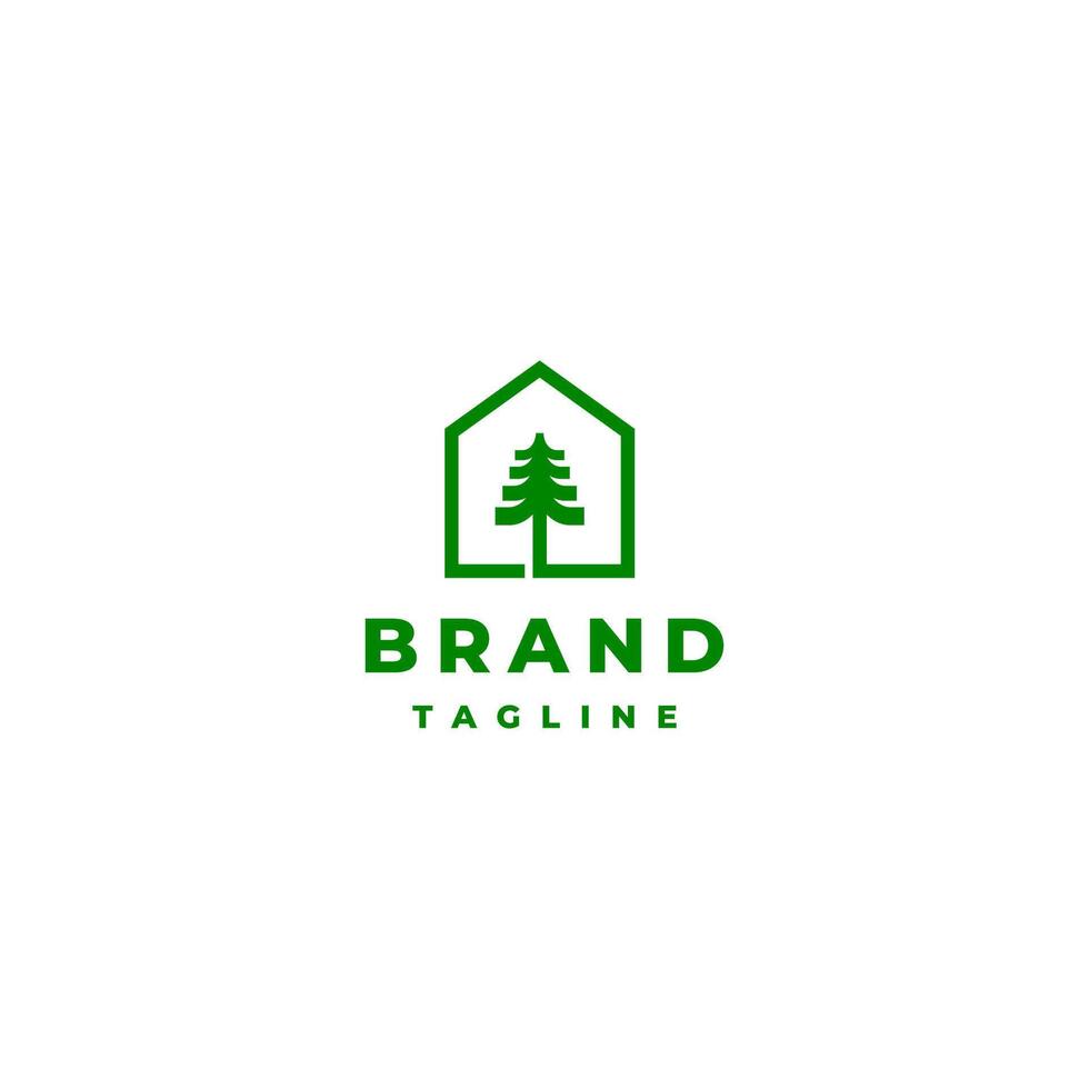 Simple Home Pine Tree Logo Design. Simple Line Pine Tree Inside the House Logo Design. vector