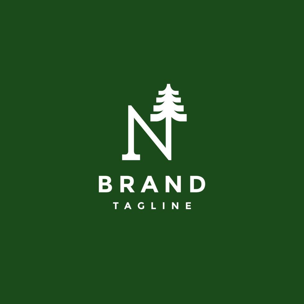 Pine Tree Initial Letter N Logo Design. Simple Pine Tree Growing at the End of the Letter N Logo Design. vector
