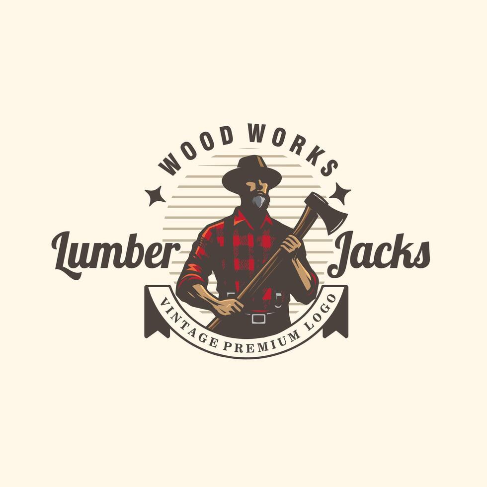 lumberjack man hold the ax vintage badge logo graphic illustration vector