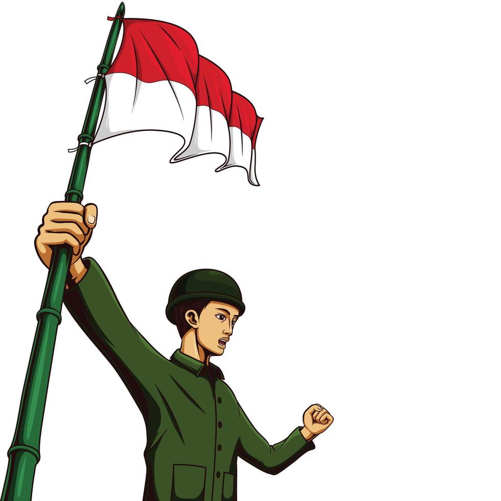 illustration of soldiers holding the Indonesian flag vector