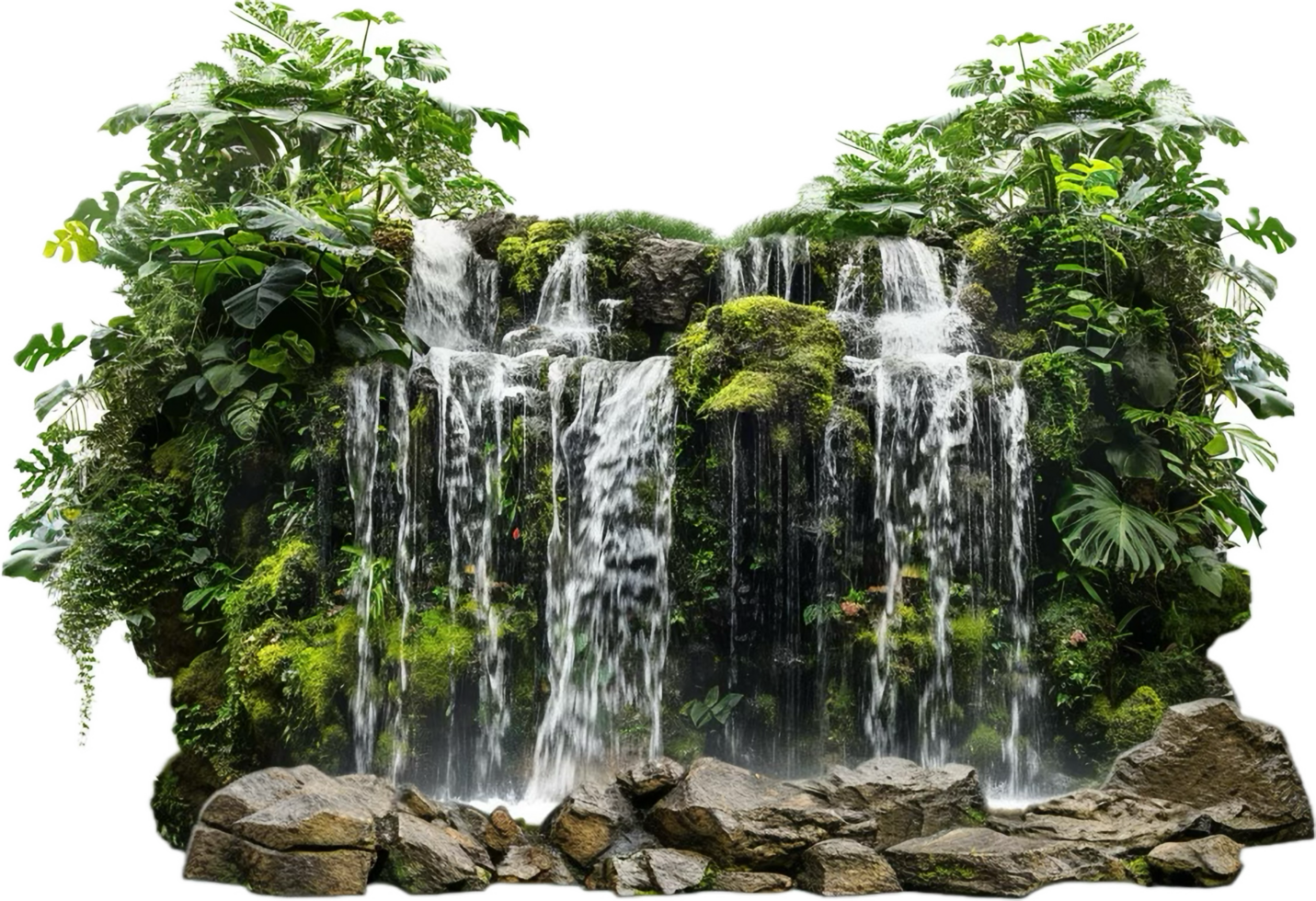 Lush Tropical Waterfall with Green Foliage. png