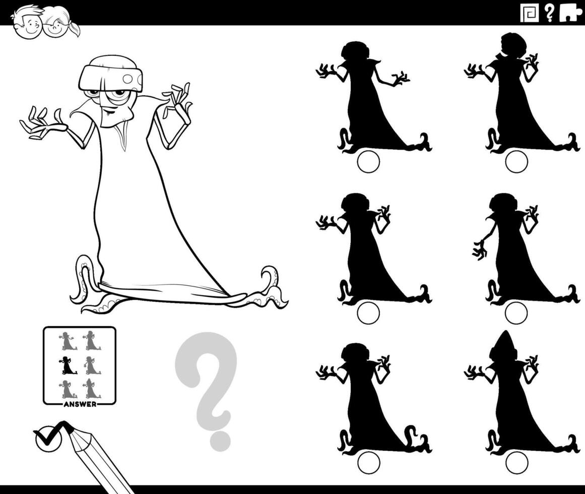 finding shadow game with cartoon alien character coloring page vector