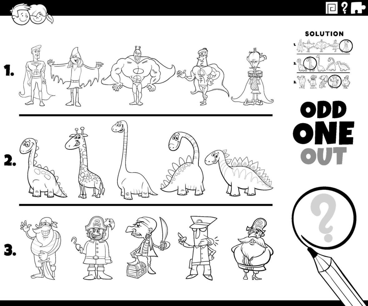 odd one out game with cartoon characters coloring page vector