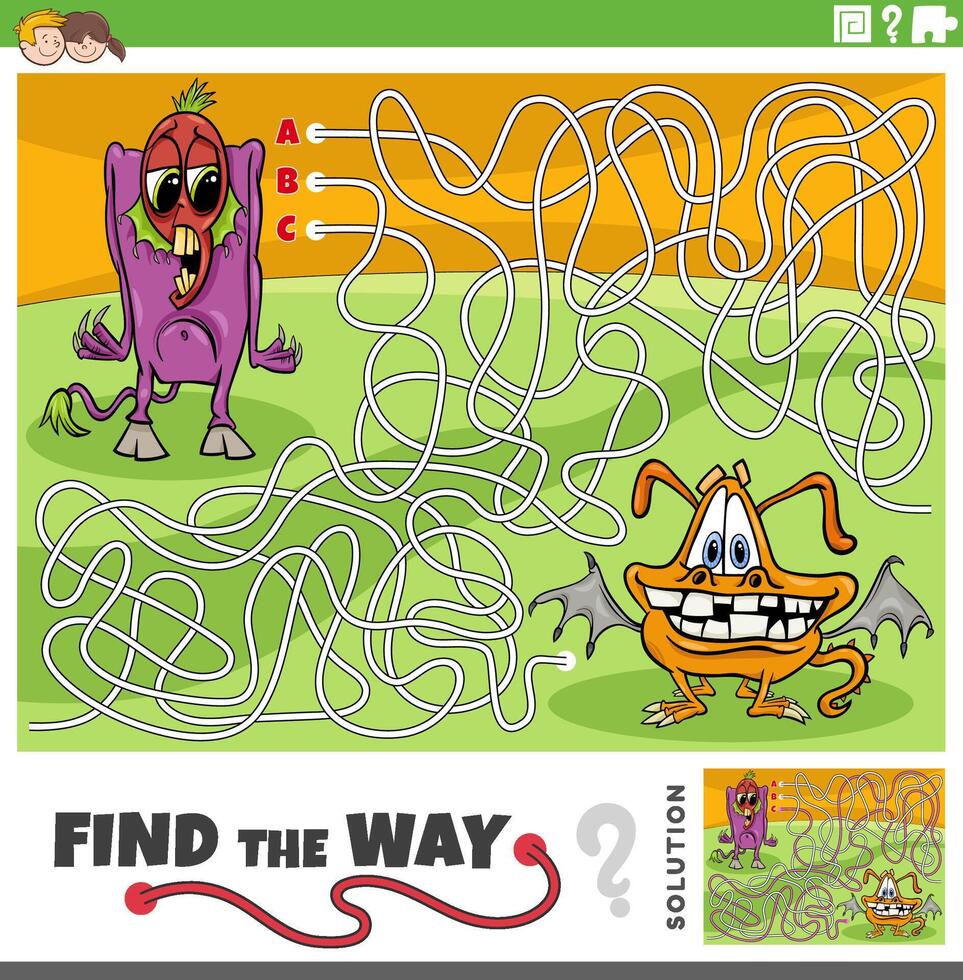 maze activity game with cartoon monsters characters vector