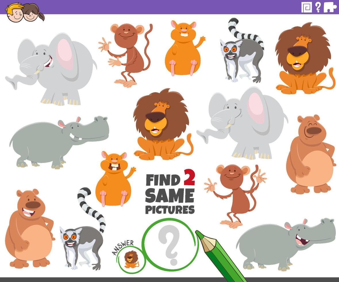 find two same cartoon animal characters activity vector