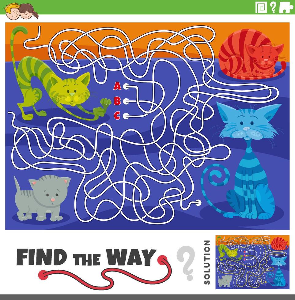 maze game with cartoon cats animal characters vector