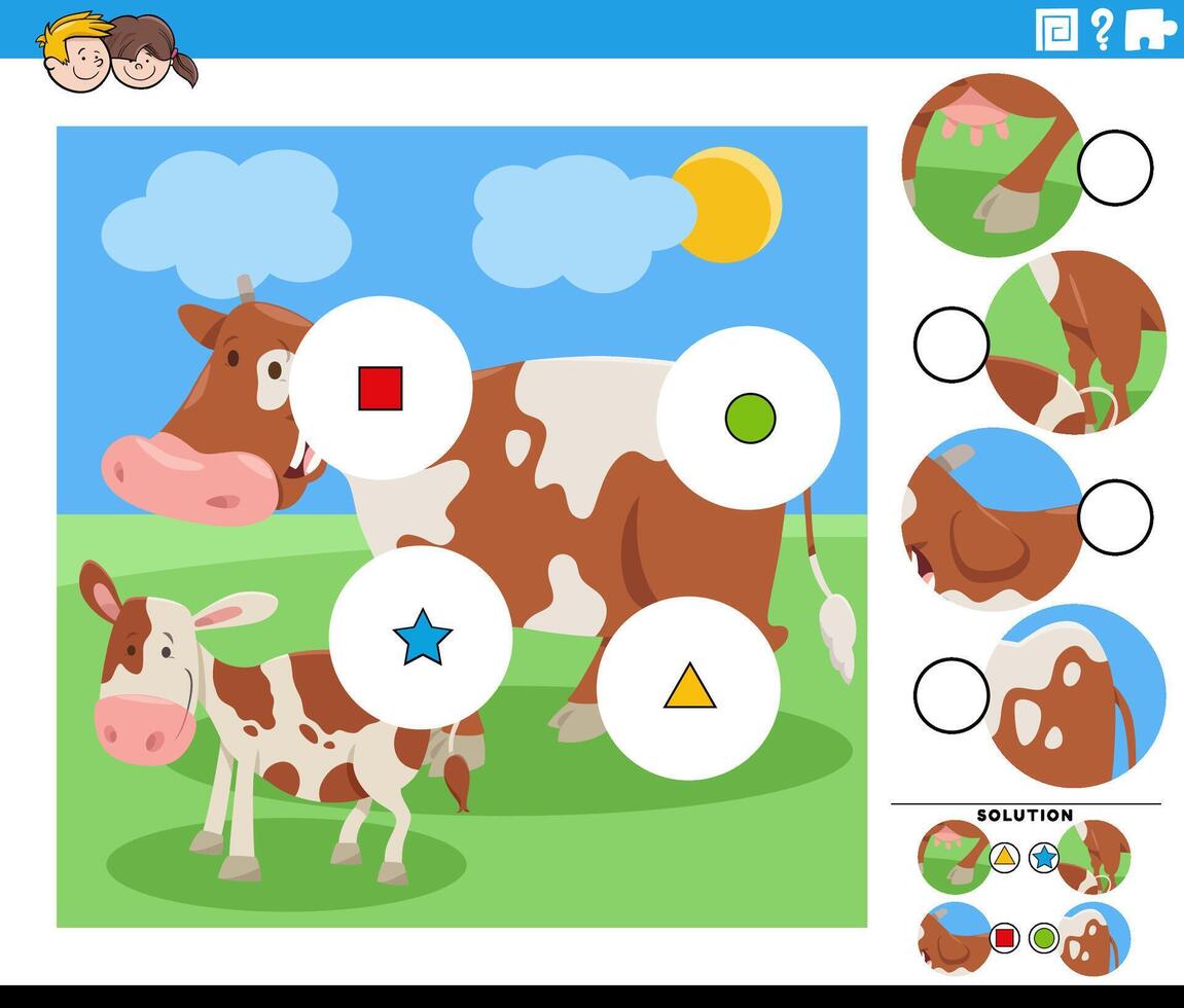 match the pieces game with cartoon cow and calf farm animals vector