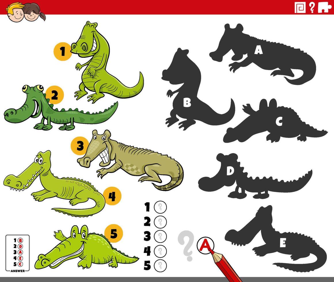finding shadows activity with cartoon crocodiles characters vector