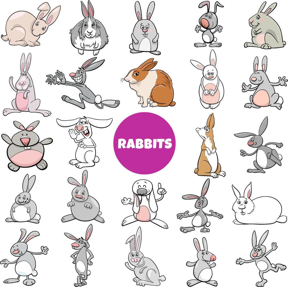 funny cartoon rabbits animal characters big set vector