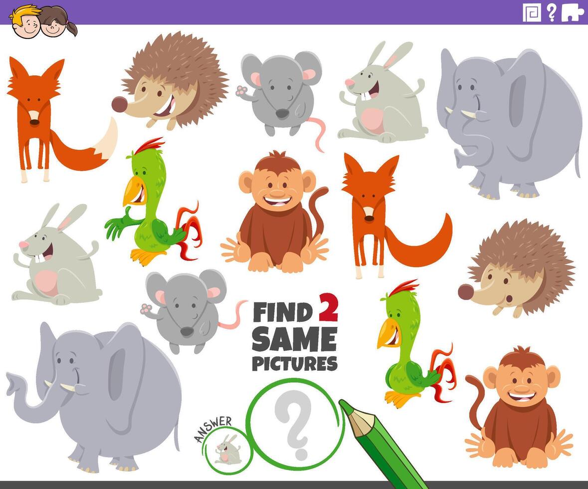 find two same cartoon animal characters activity vector
