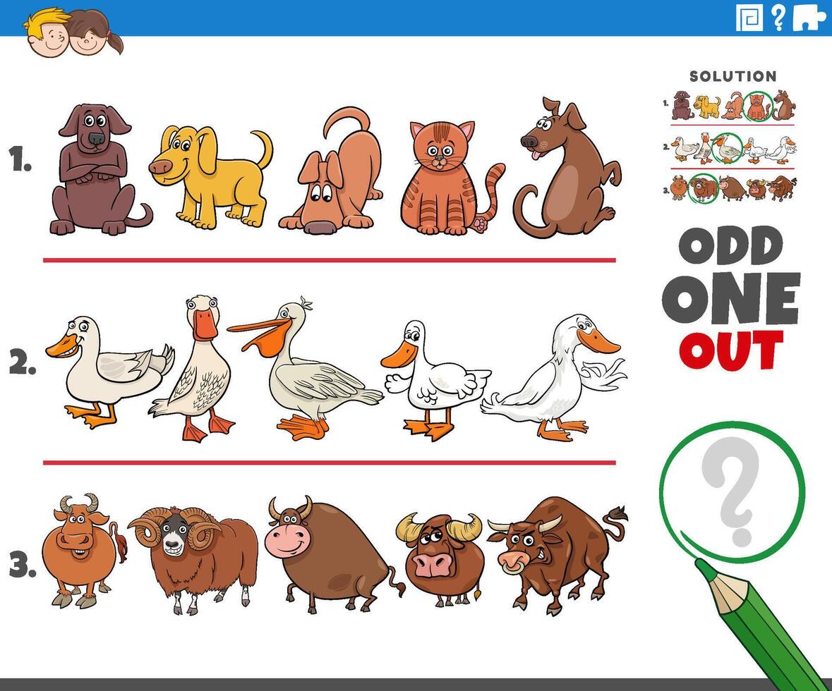 odd one out task with cartoon animal characters vector