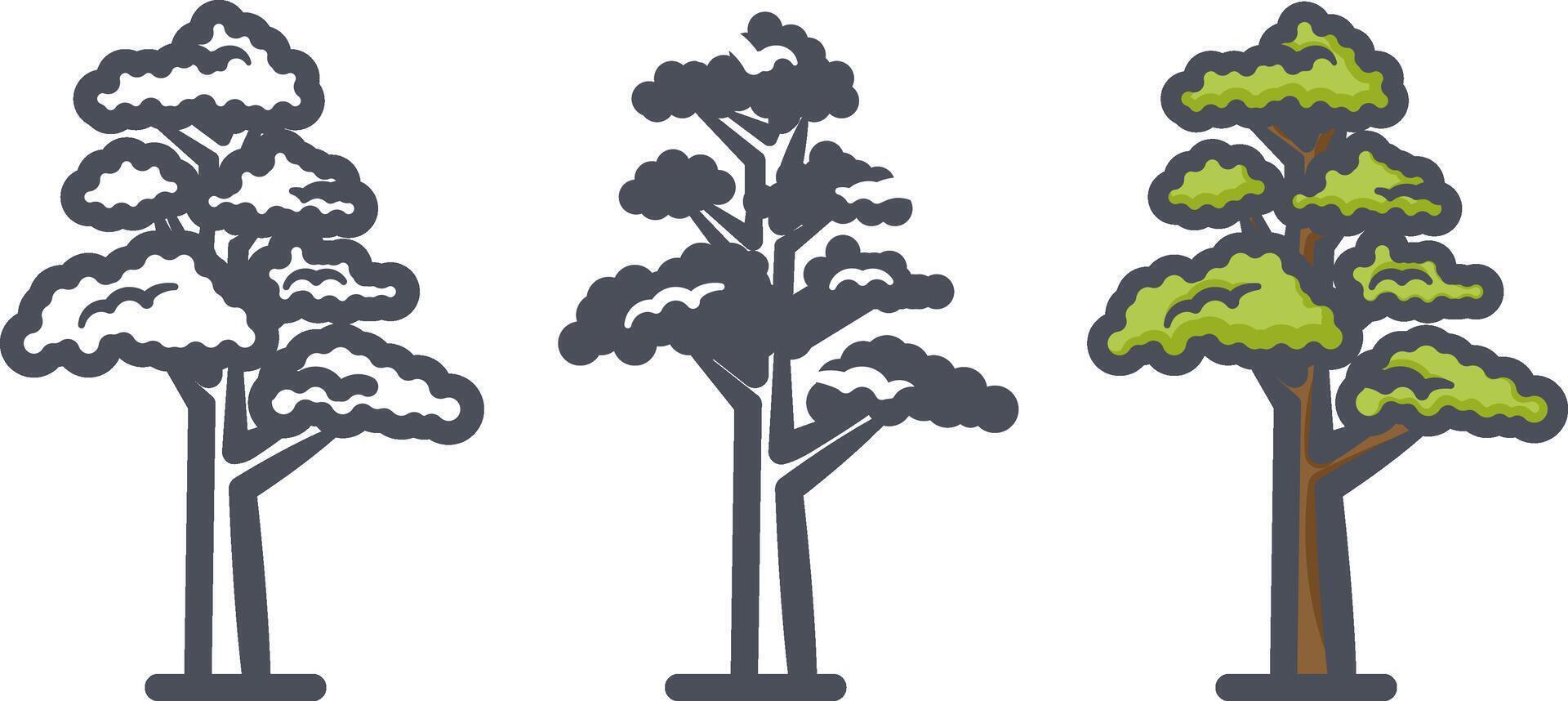 Flat forest trees icons, garden or park landscape elements. vector