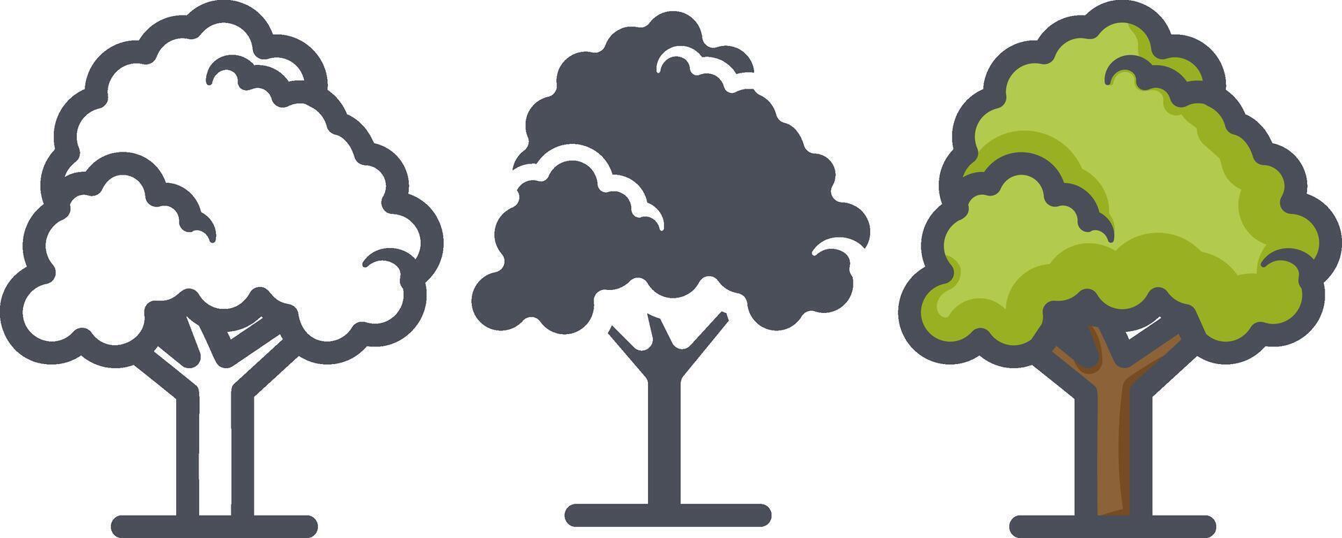 Flat forest trees icons, garden or park landscape elements. vector