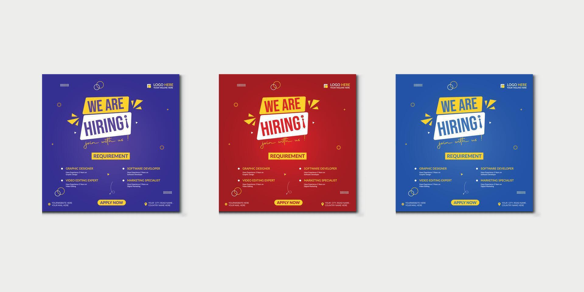 We are hiring job vacancy social media post banner design template with red color. We are hiring job vacancy square web banner design. Pro vector