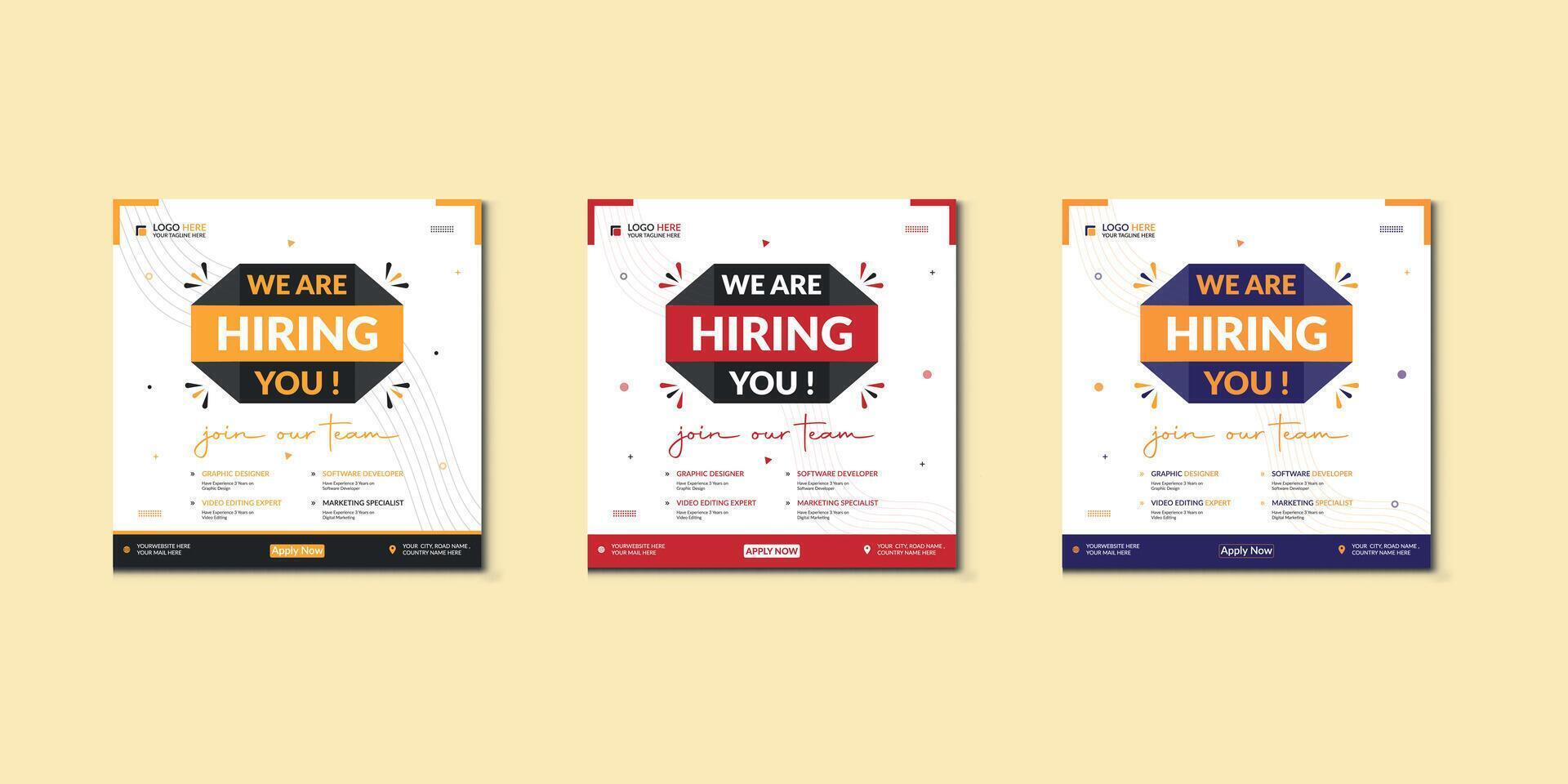 We are hiring job vacancy social media post banner design template with red color. We are hiring job vacancy square web banner design. Pro vector