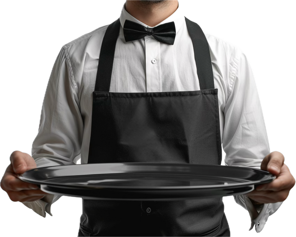 Waiter Holding Empty Plate in Black Apron. png