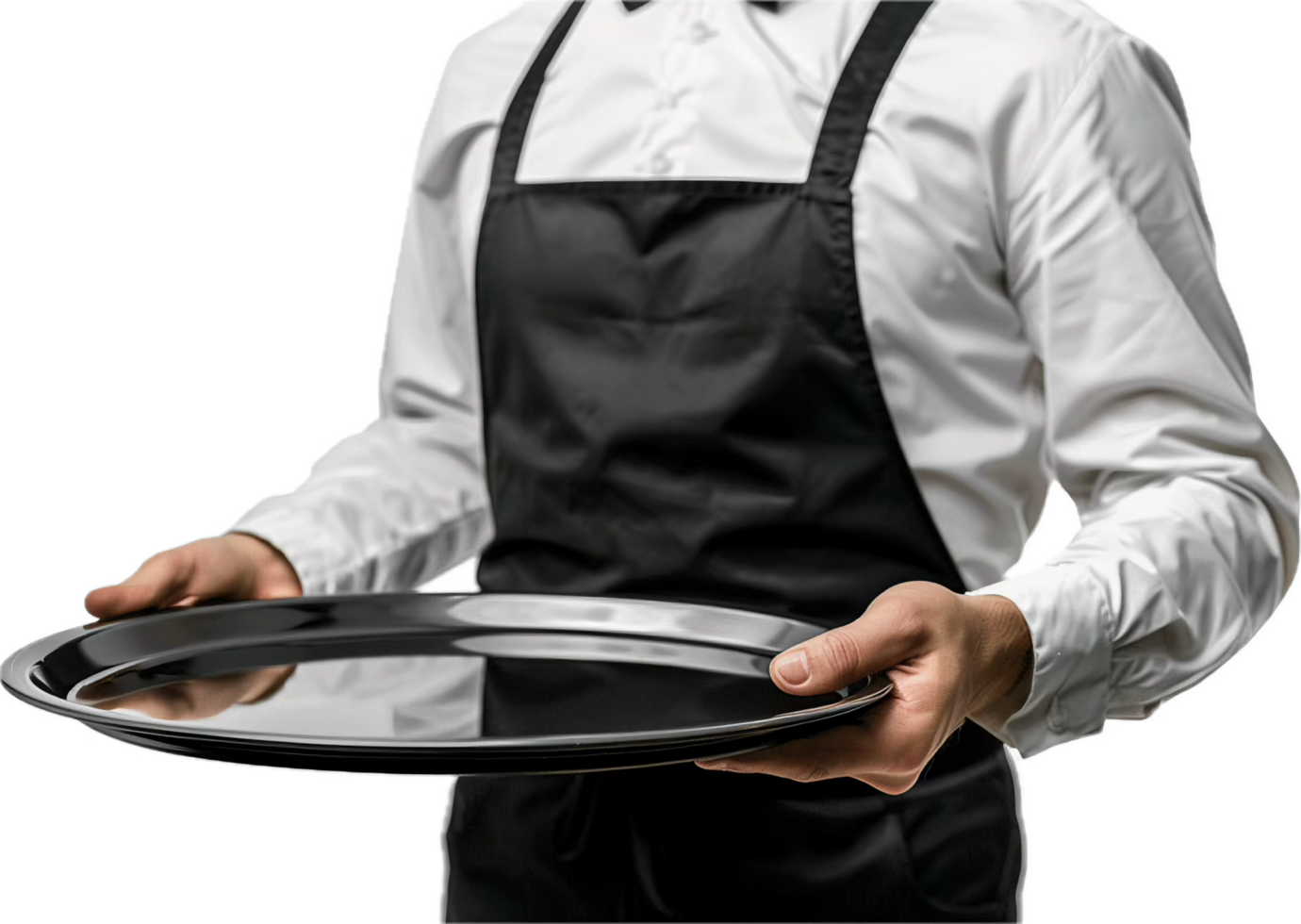 Waiter Holding Empty Plate in Black Apron. png