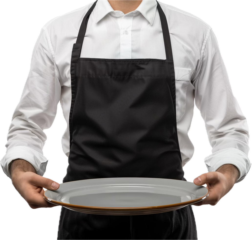 Waiter Holding Empty Plate in Black Apron. png