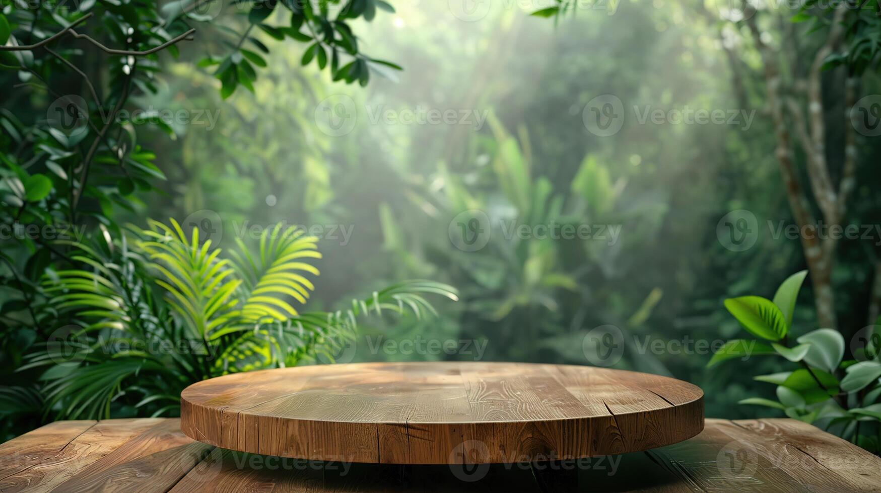 Wooden podium in tropical forest for product presentation and green background photo