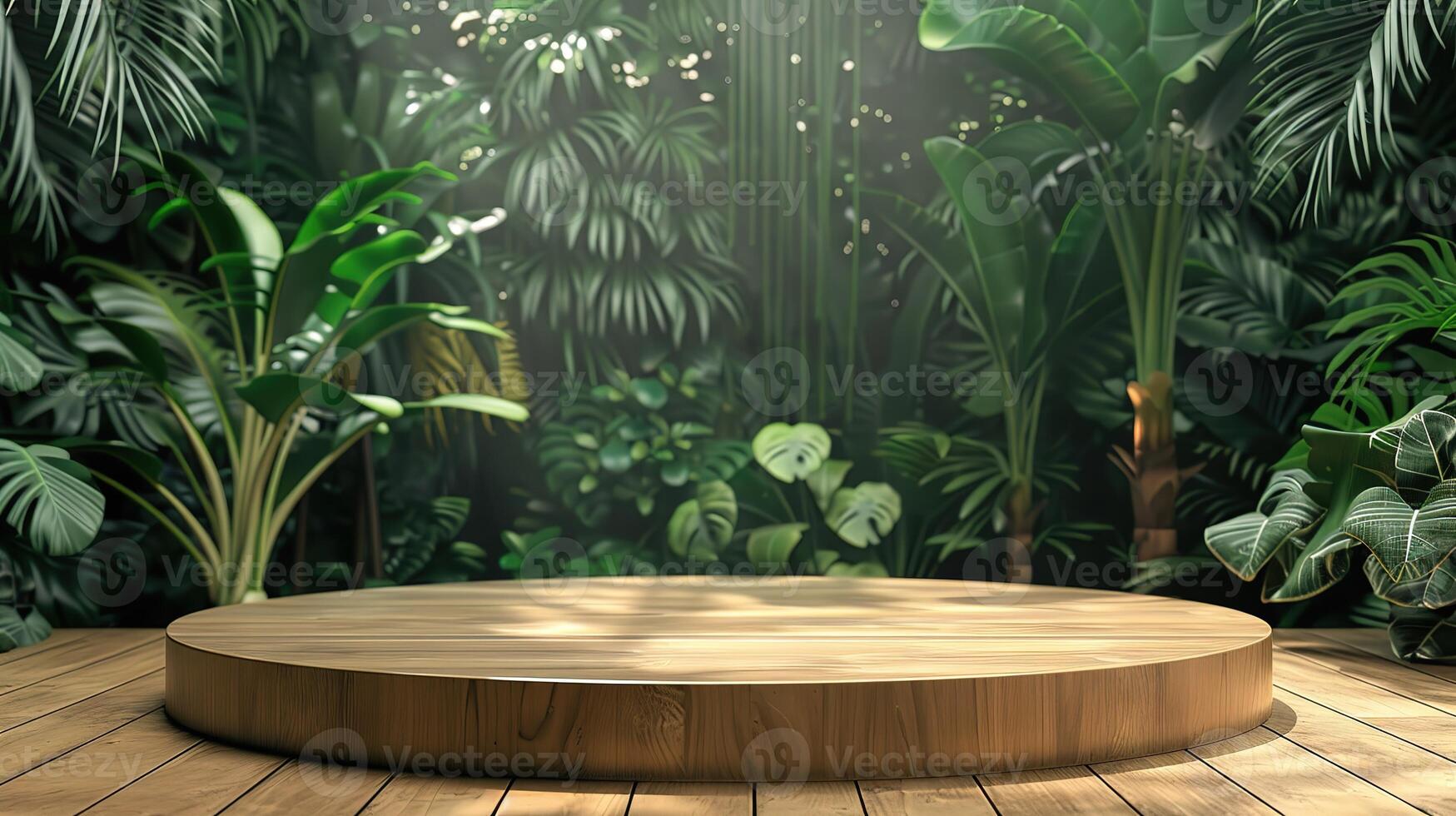 Wooden podium in tropical forest for product presentation and green background photo