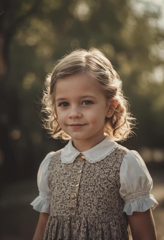 Young Girl With Curly Hair and Blue Eyes Posing for a Close-Up Portrait photo