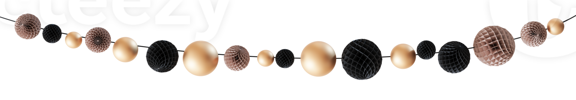 Elegant garland with beige, black and golden elements on transparent background. Can be used as divider, footer or header. Party, Christmas, Happy Birthday design element. Festoon. 3D rendering. png