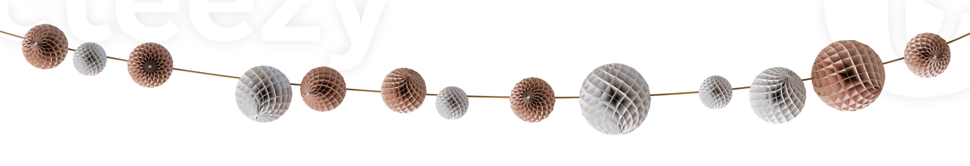 Elegant garland with beige and white elements on transparent background. Earthy tones. Can be used as divider, footer or header. Party, Happy Birthday design element. Festoon. 3D rendering. png