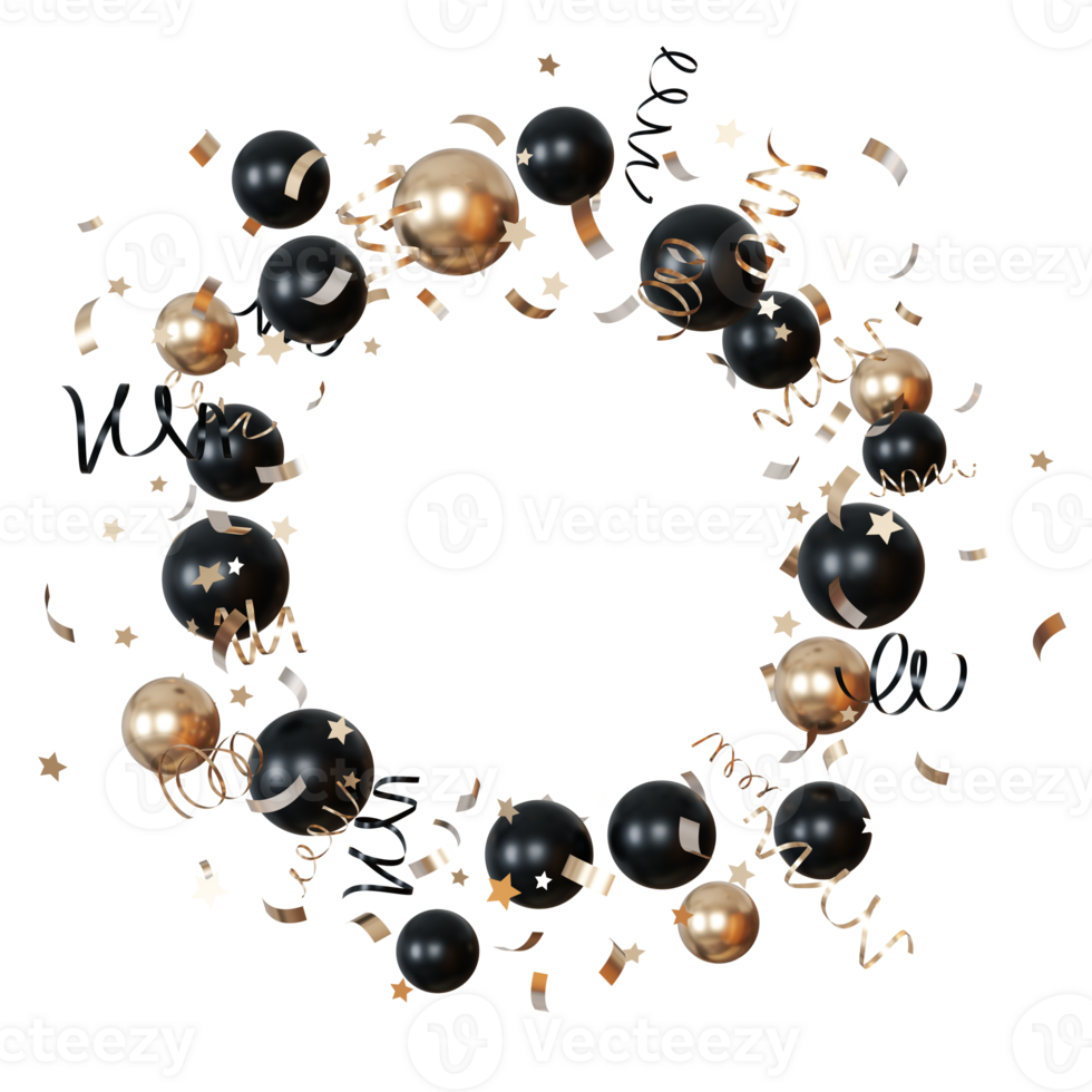 Black, gold balloons with festive confetti, stars perfect for glamorous celebrations, New Year's events. Circle with helium balloons, on transparent background. Copy space in the middle. Frame. 3D. png