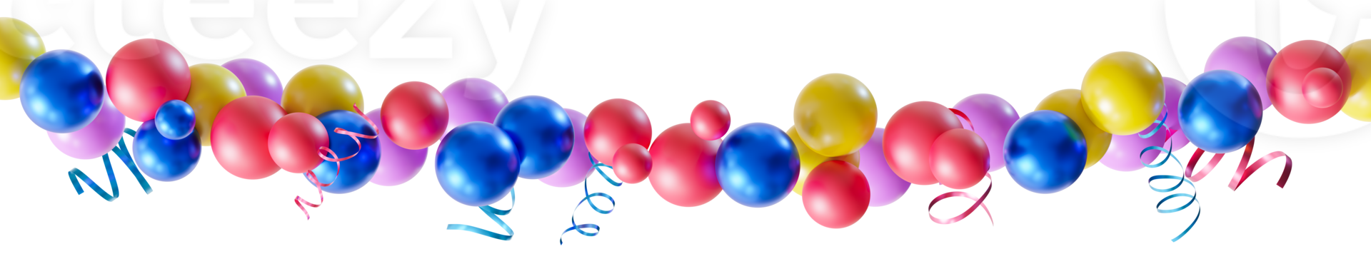 Vibrant, colorful balloon garland on transparent background, featuring glossy balloons in shades of blue, red and yellow. Can be used as divider, footer or header. Kids party, Happy Birthday. 3D. png