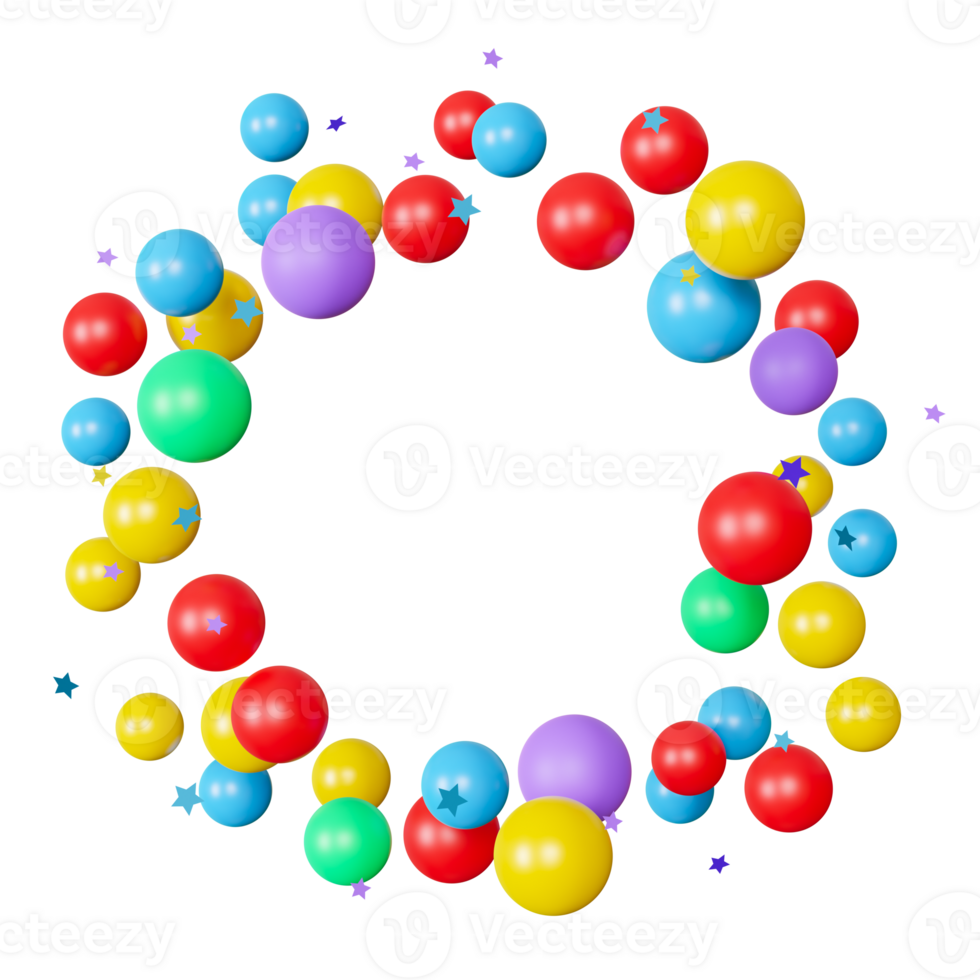 Vibrant round frame made of colorful balloons with stars, on transparent background. Ideal for kids birthday cards, children party invitations, and celebratory events. Copy space in the middle. 3D. png
