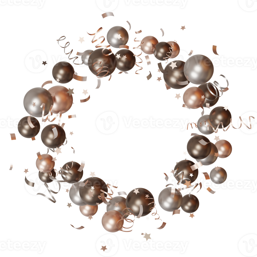 Brown, beige balloons with confetti, stars perfect for glamorous celebrations, New Years events, chic party backdrops. Circle with balloons, on transparent background. Copy space in the middle. 3D. png