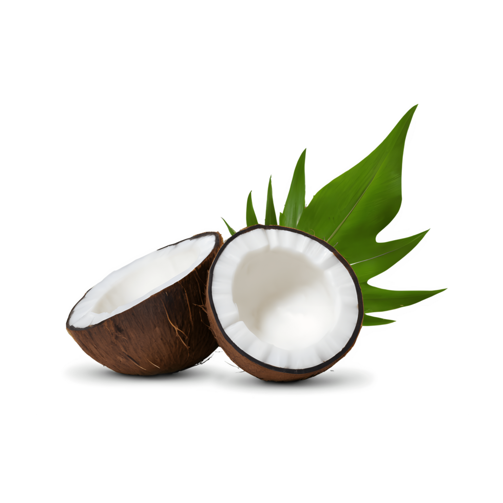 Two half of coconut fruit with leaf isolated. png