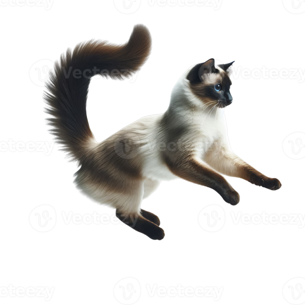 Graceful Siamese Cat Leaping in Mid-Air, Transparent Background, Isolated Feline Illustration png