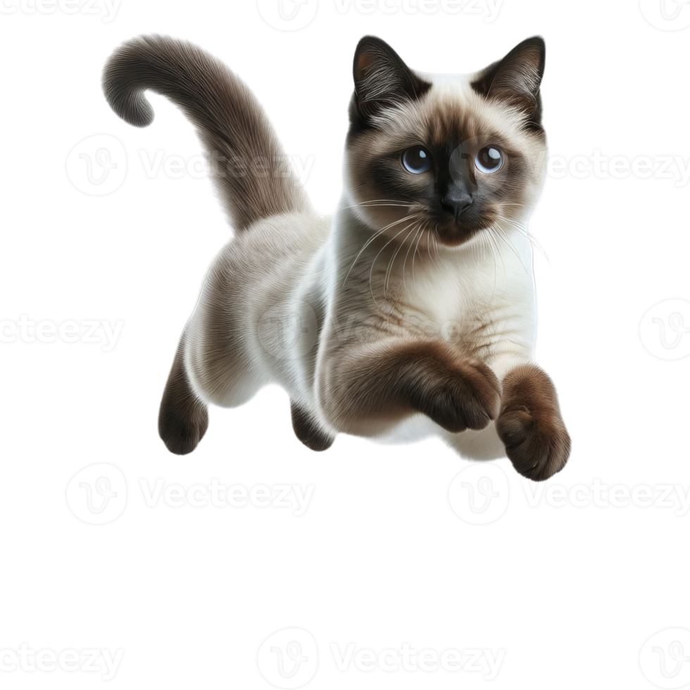 Graceful Siamese Cat Leaping in Mid-Air, Transparent Background, Isolated Feline Illustration png