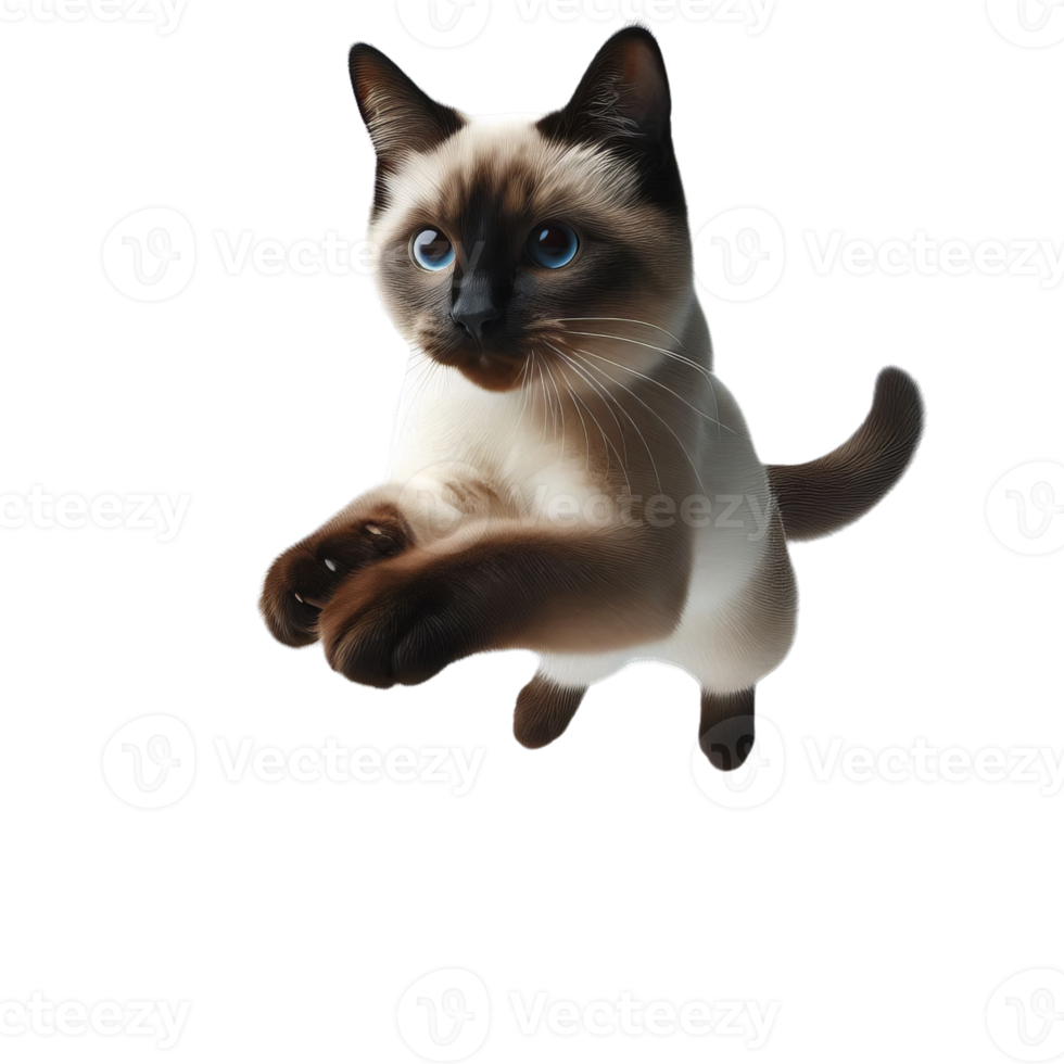 Graceful Siamese Cat Leaping in Mid-Air, Transparent Background, Isolated Feline Illustration png
