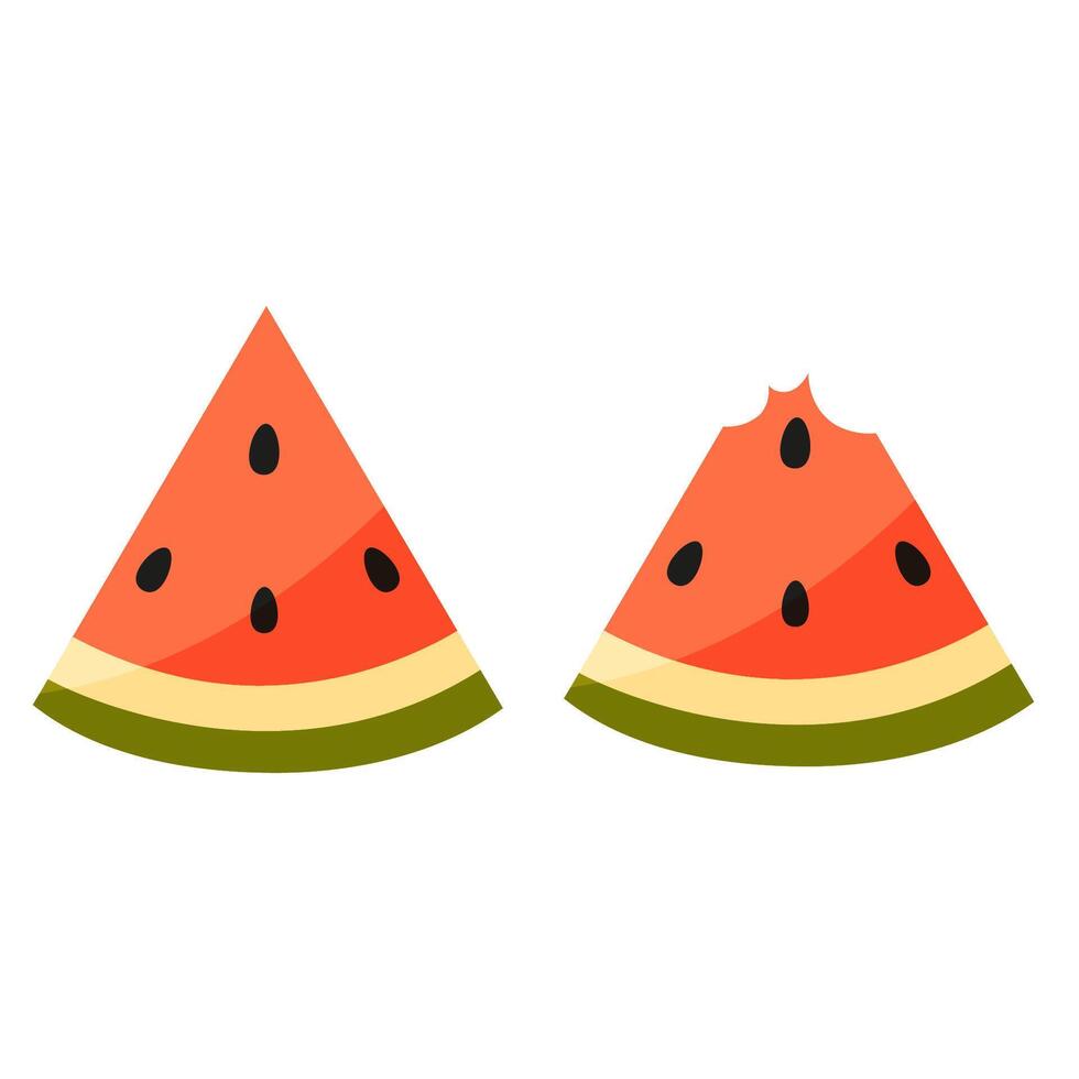 Cartoon watermelon illustration. Quarter ripe watermelon and slice with bite. Healthy food vector