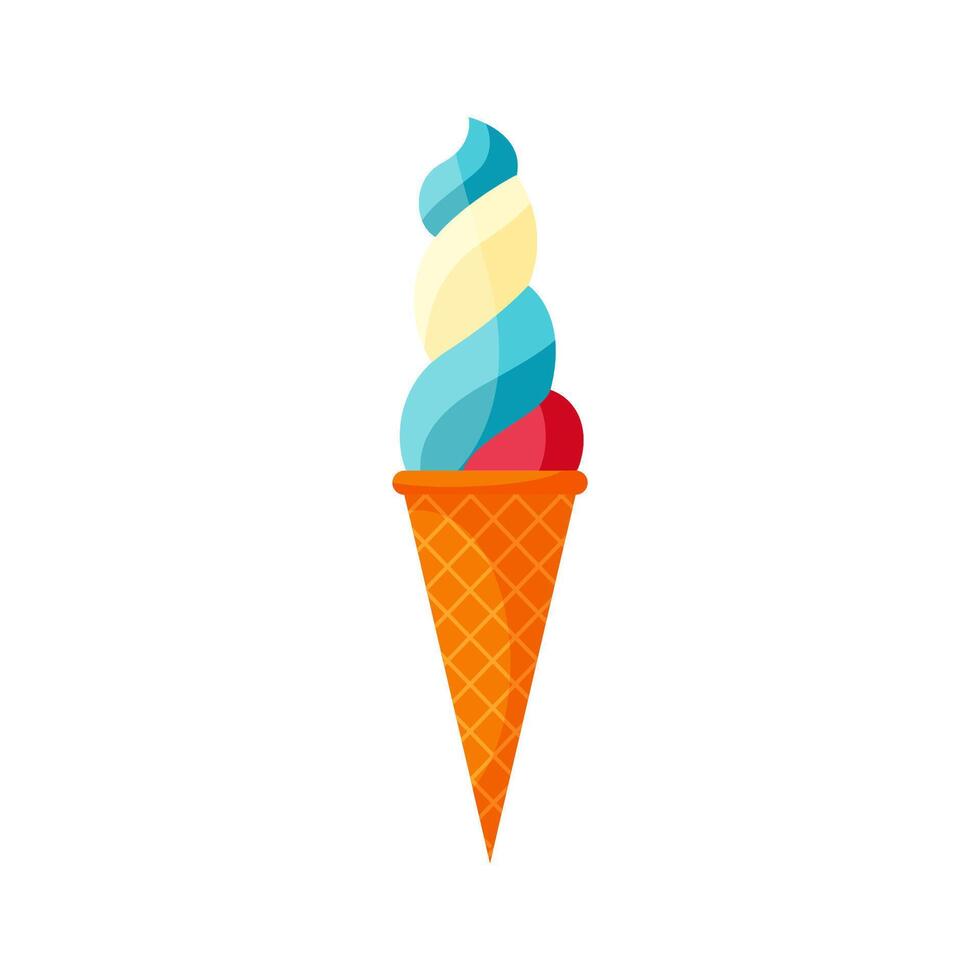 Cartoon colorful ice cream in waffle cone. Swirl bright sundae in wafer cone vector