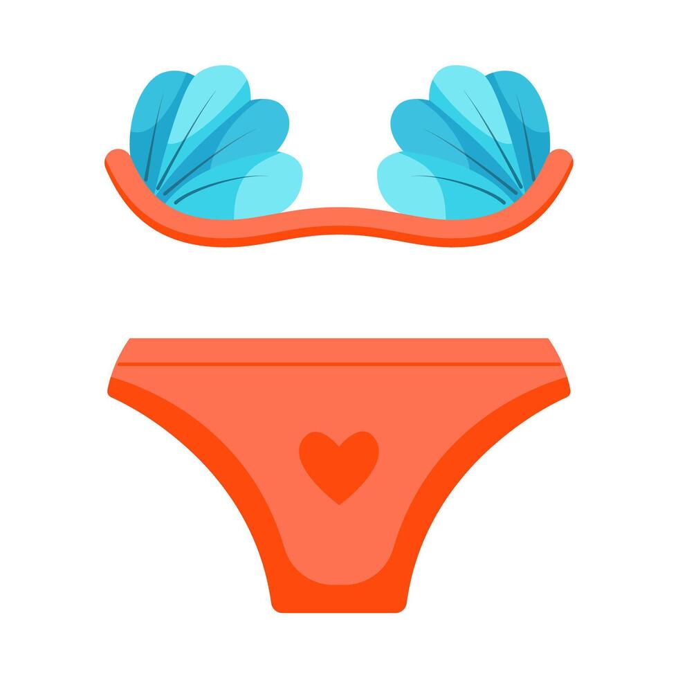 Cartoon swimsuit with a bra in the shape of shells, and panties with a heart. Pool and beach underwear for woman. vector