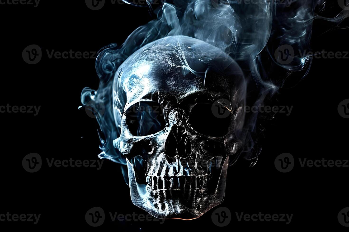 skull in cigarette smoke on dark background, concept of the harm of smoking photo