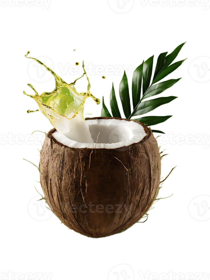 Fresh coconut with leaves and juice splash isolated on alpha layer, premium png