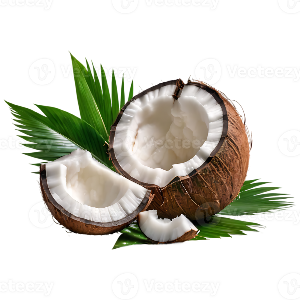 Fresh coconut with leaves and juice splash isolated on alpha layer, premium png