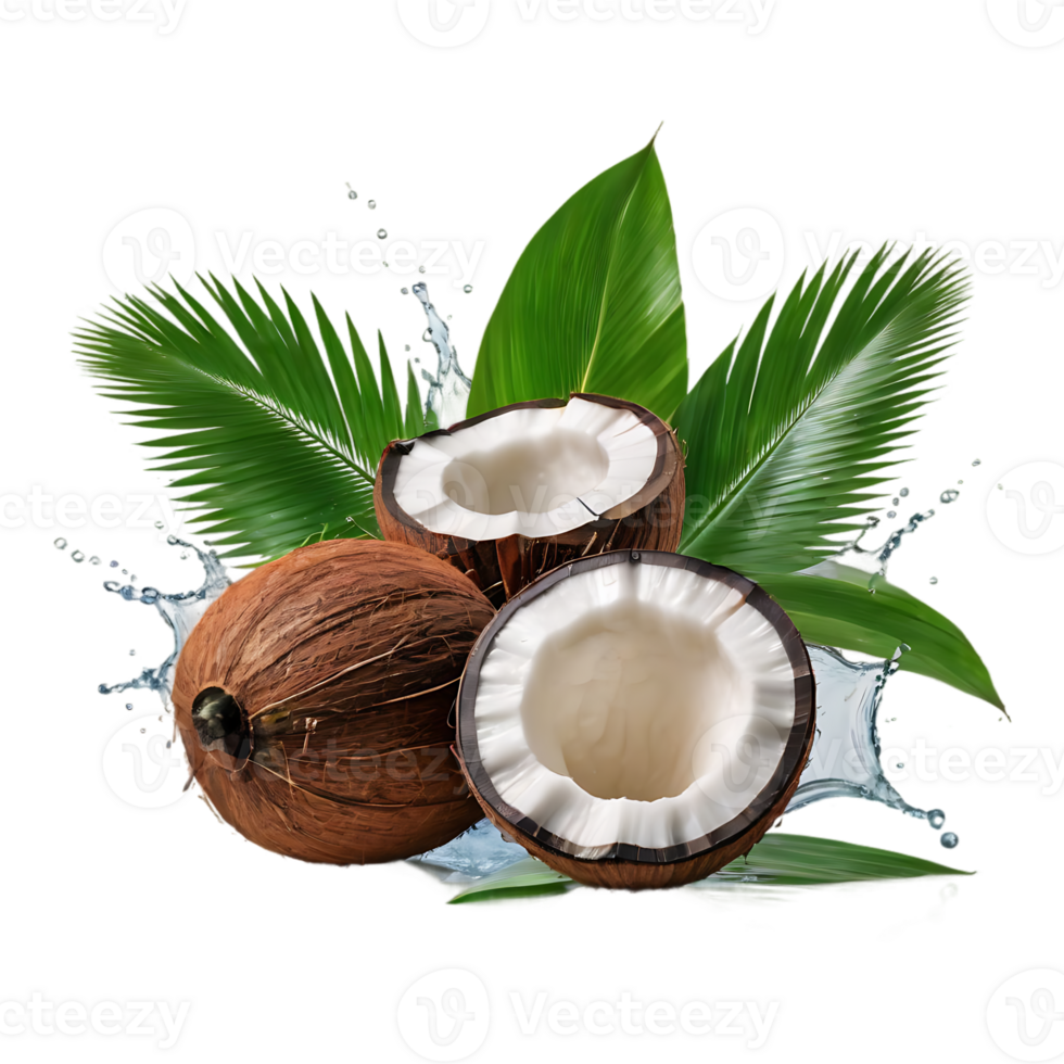 Fresh coconut with leaves and juice splash isolated on alpha layer, premium png