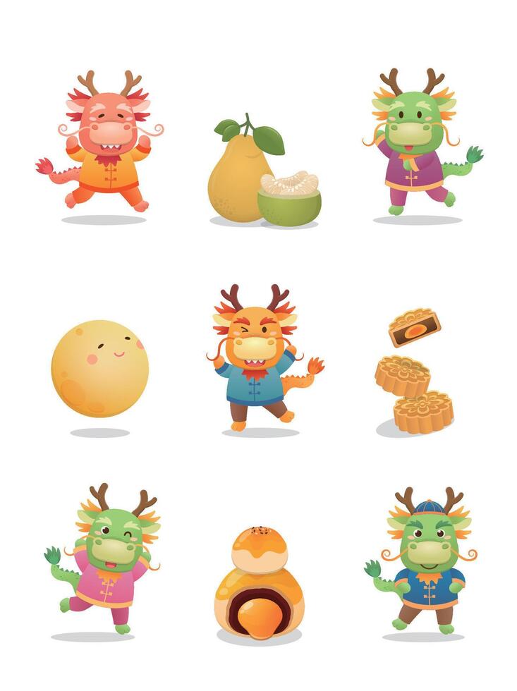 A set of illustration materials for the Mid-Autumn Festival, the mascot of the dragon, pomelo and Chinese meringue dessert vector