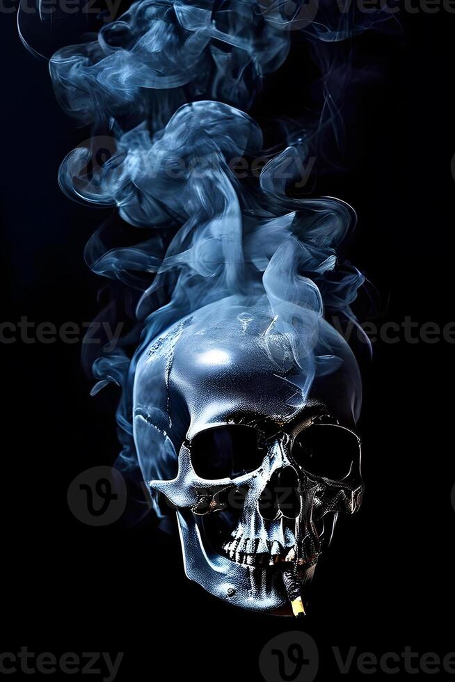 skull in cigarette smoke on dark background, concept of the harm of smoking photo
