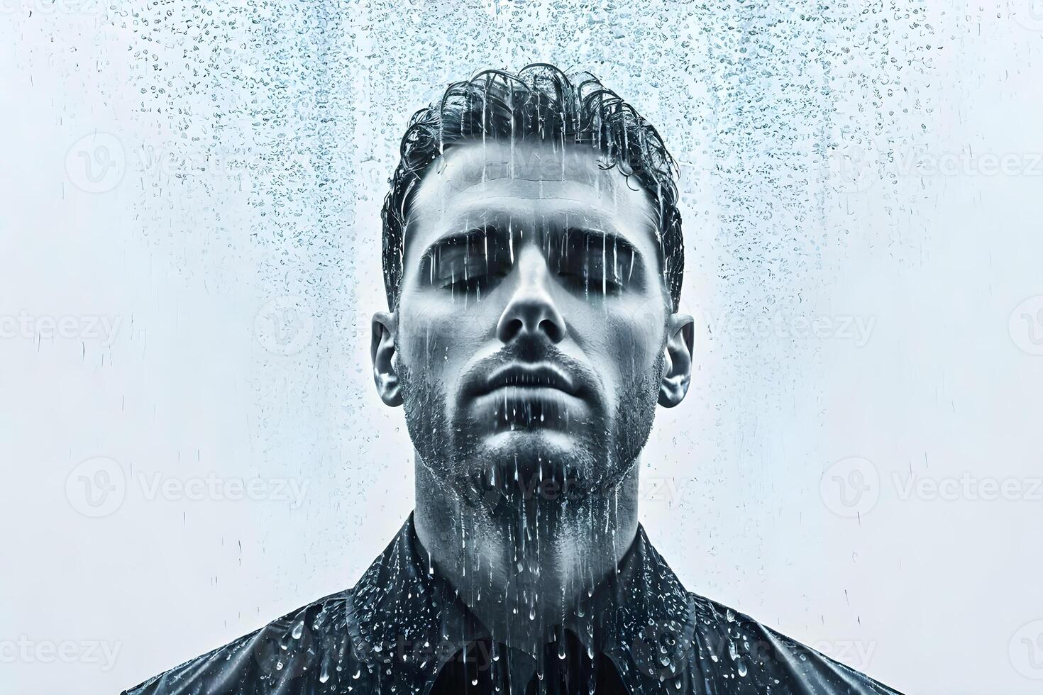 man crying in the rain, concept of sadness, loneliness, depression photo